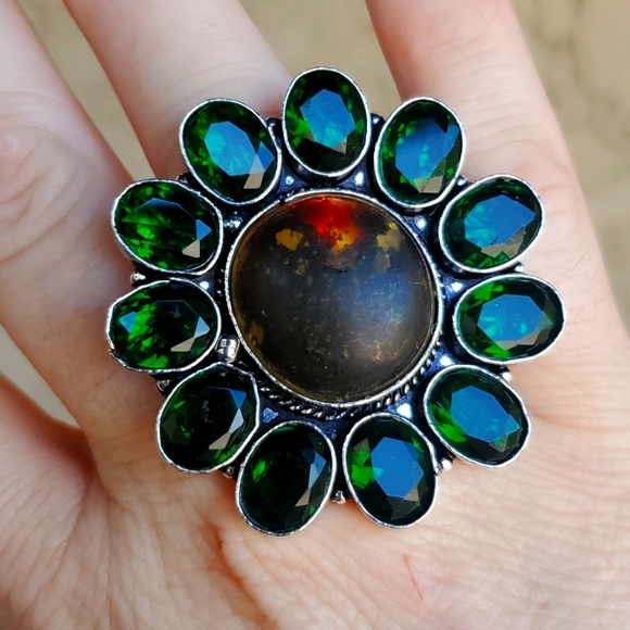 New Stunning Amber & Diopside 925 Silver Statement Ring. - Picture 2 of 15
